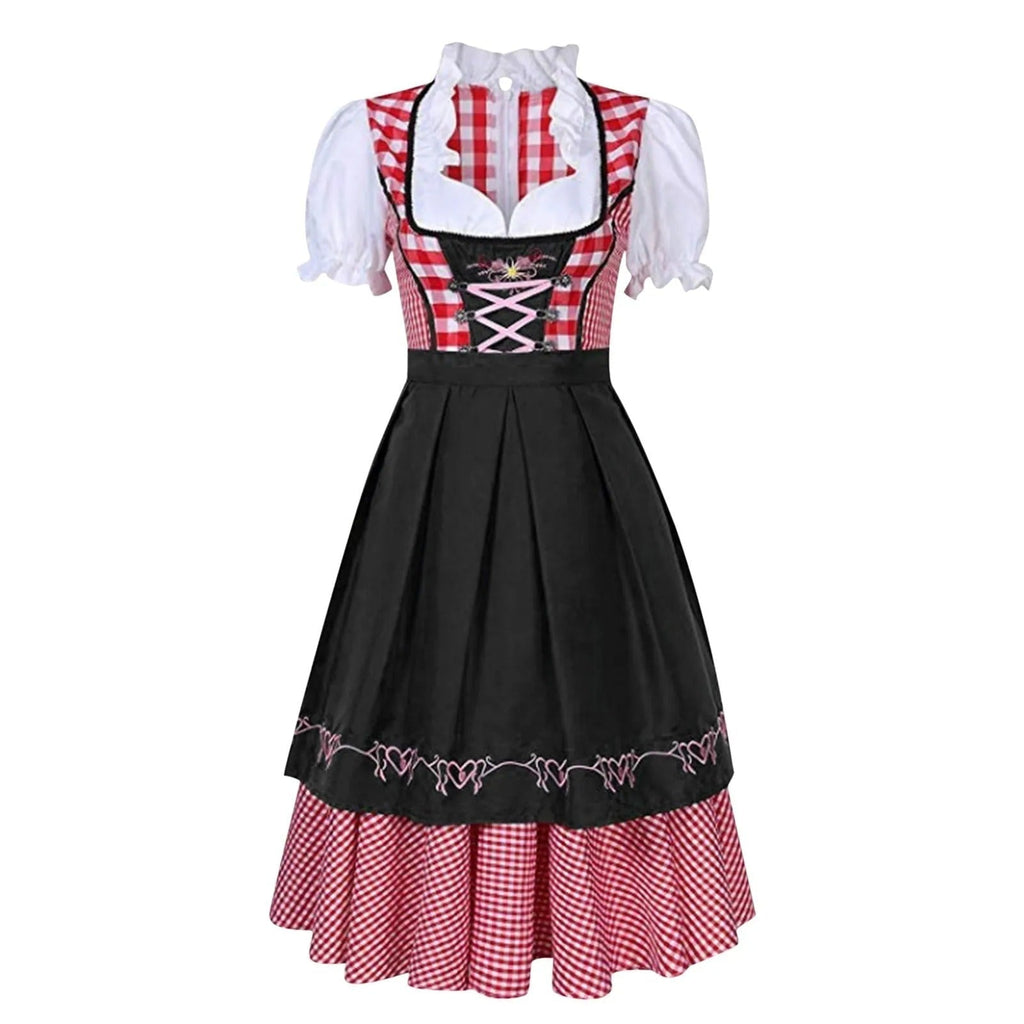 Dirndlkleid Damen grün mit rot-weißem Karomuster und kurzen Ärmeln