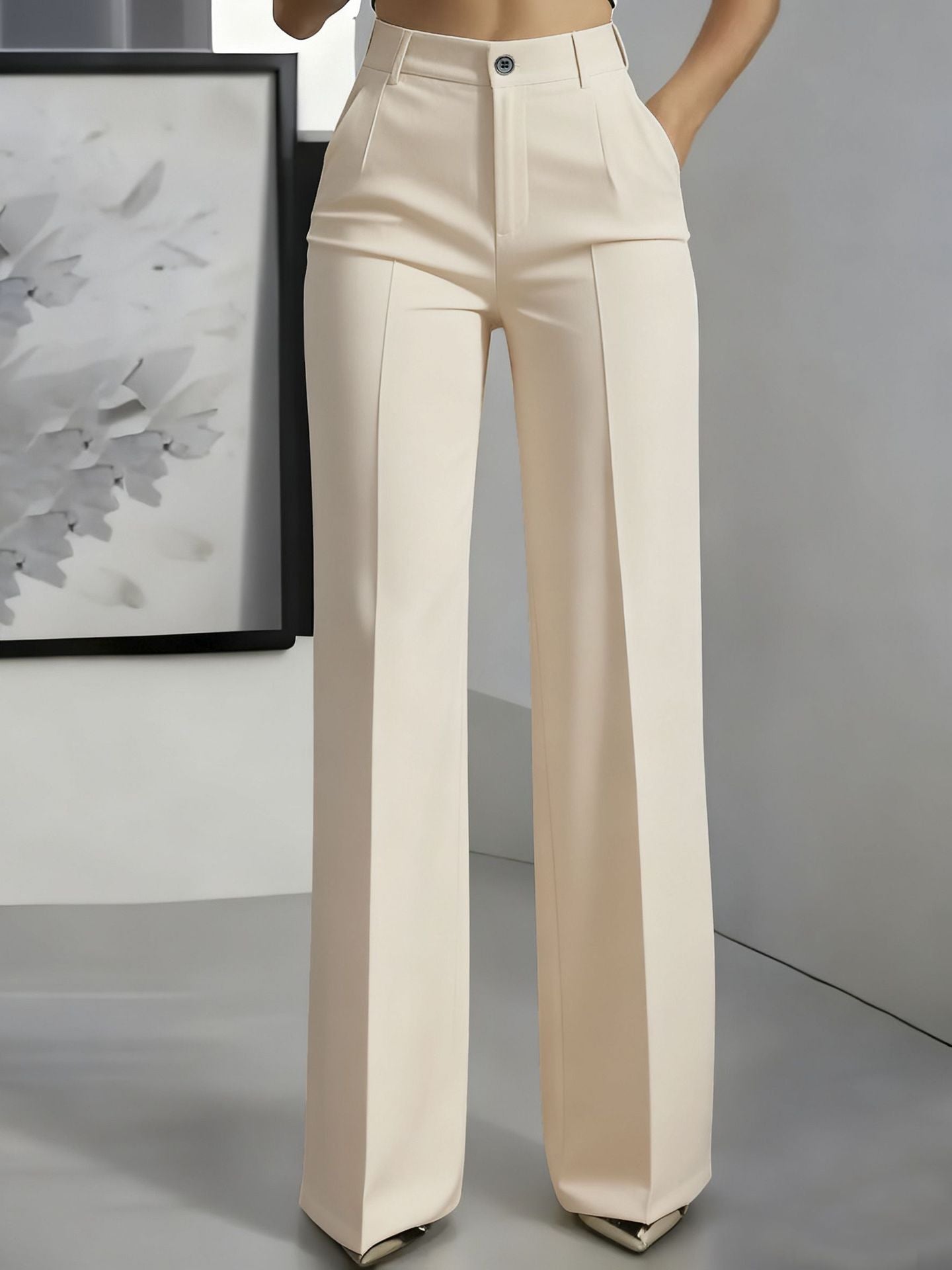ModeGlanz Elegante Stoffhose mit hohem Bund – Beige