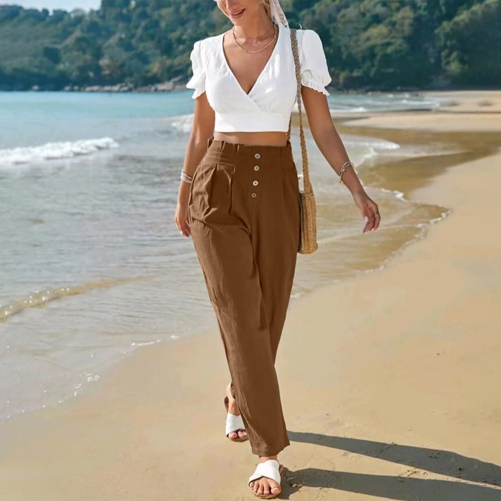 ModeGlanz Lässige Baumwoll-Leinen-Hose – Braun