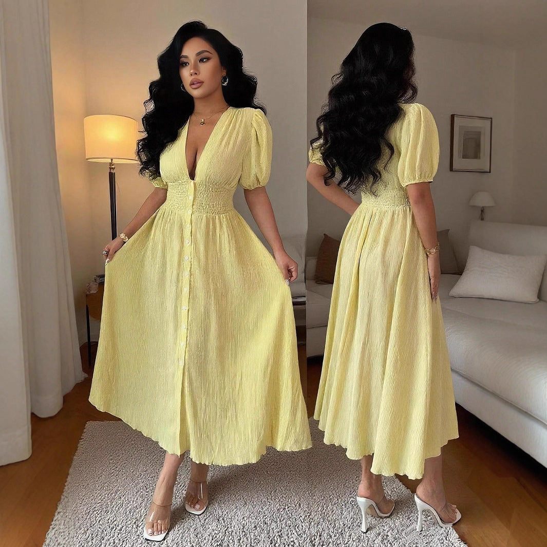 ModeGlanz Plissiertes Midikleid mit Puffärmeln – Rückansicht