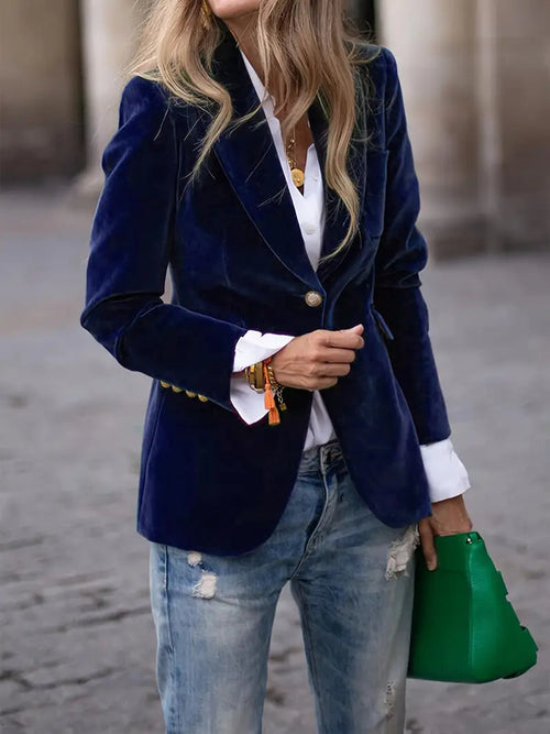 Blazer Damen blau tailliert mit langen Ärmeln und Einknopfverschluss