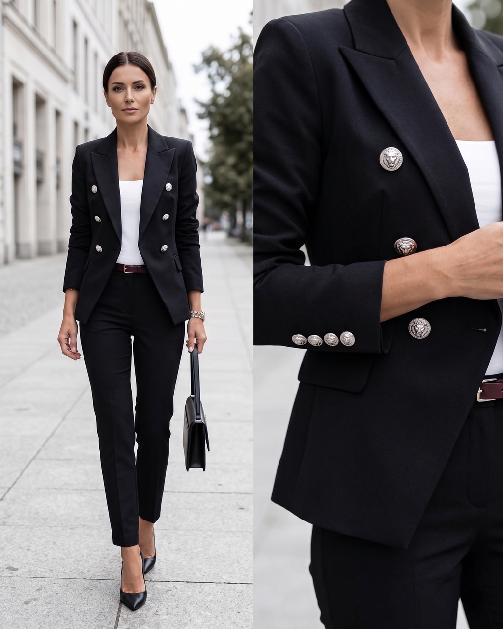 Blazer Damen schwarz zweireihig mit Löwenknöpfen und Reverskragen