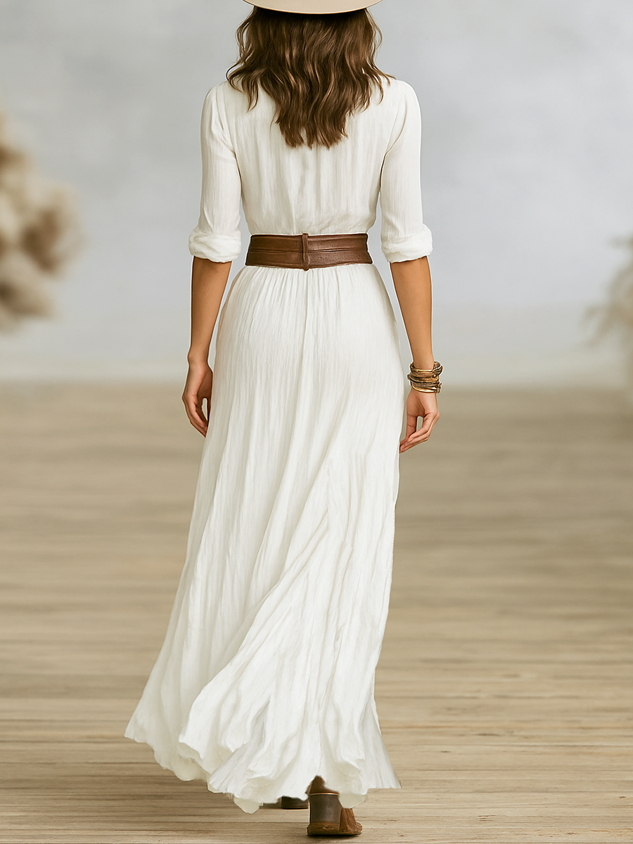 Maxikleid Damen weiß mit Knopfleiste, Beinschlitz und langen Ärmeln