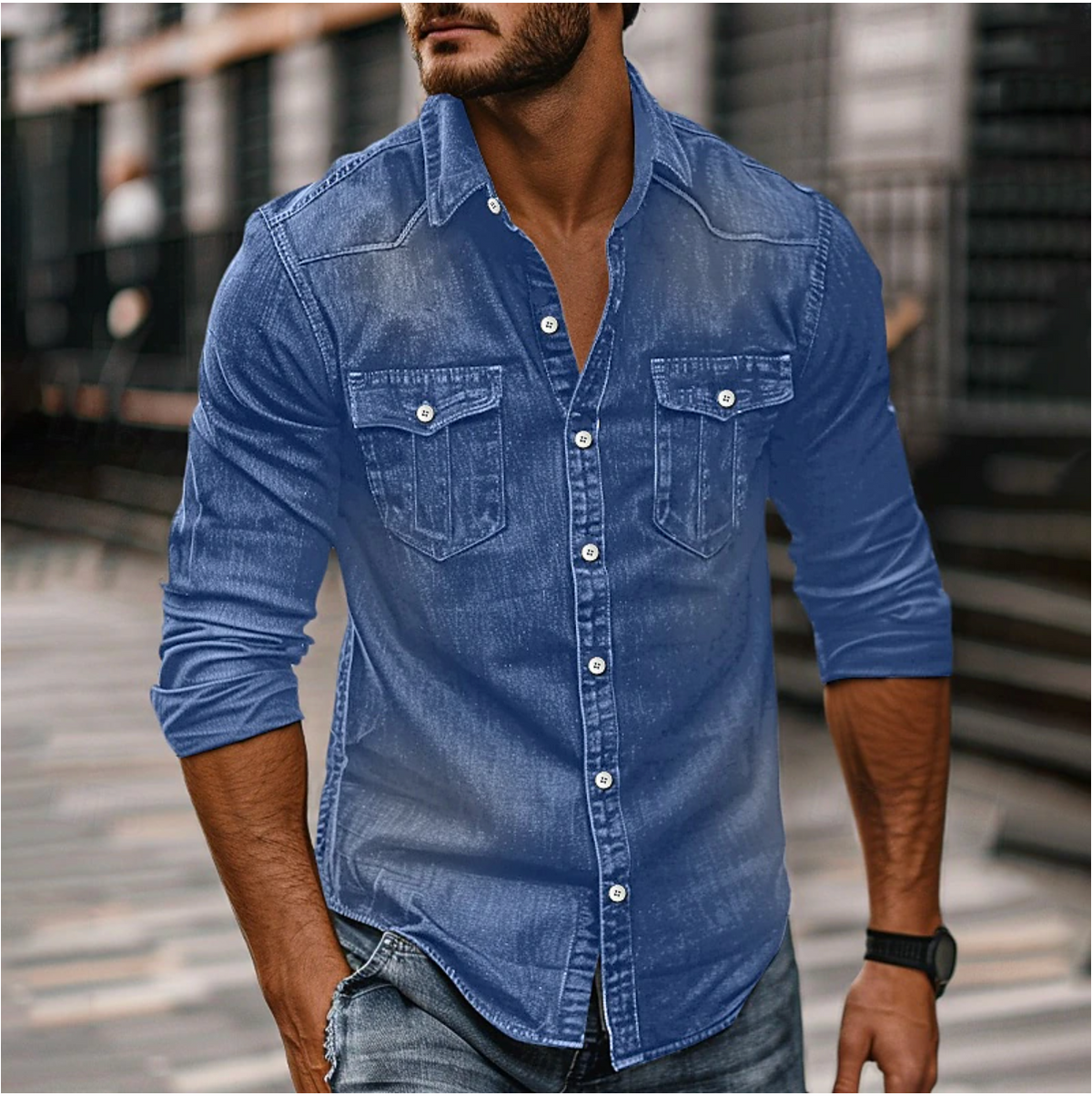 Hemd Herren blau langärmlig mit Kragen und Brusttaschen