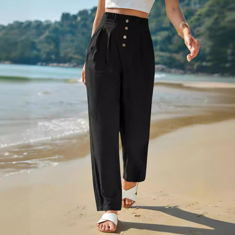 ModeGlanz Lässige Baumwoll-Leinen-Hose – Schwarz