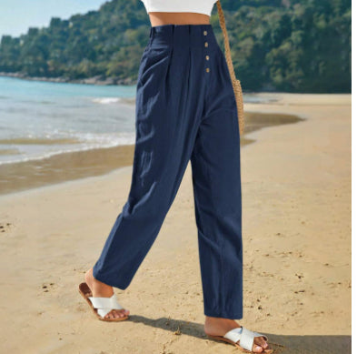 ModeGlanz Lässige Baumwoll-Leinen-Hose – Marineblau