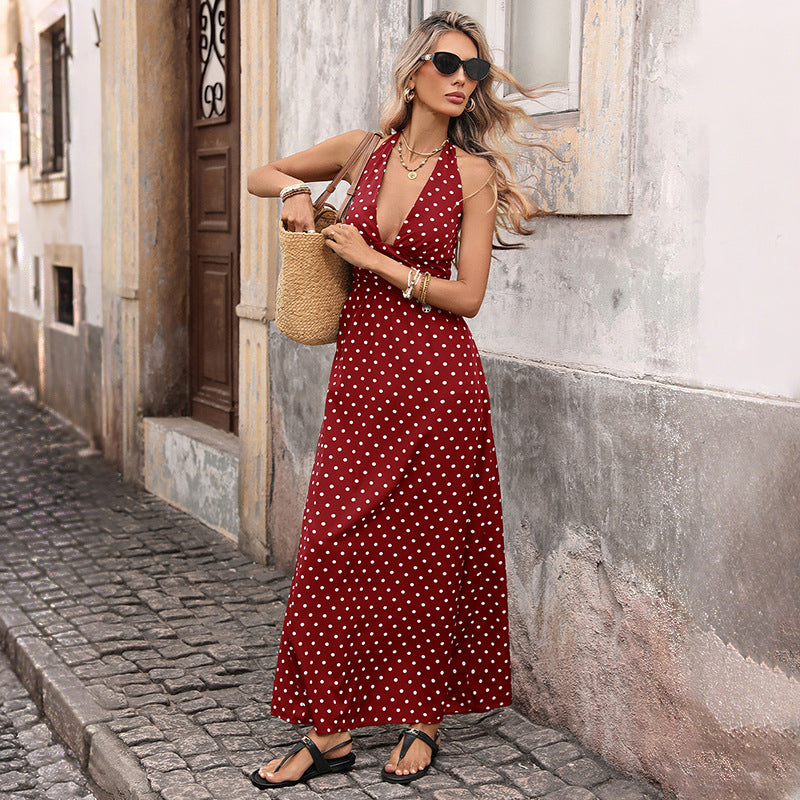 ModeGlanz Ärmelloses Maxikleid mit Punktemuster – Weinrot
